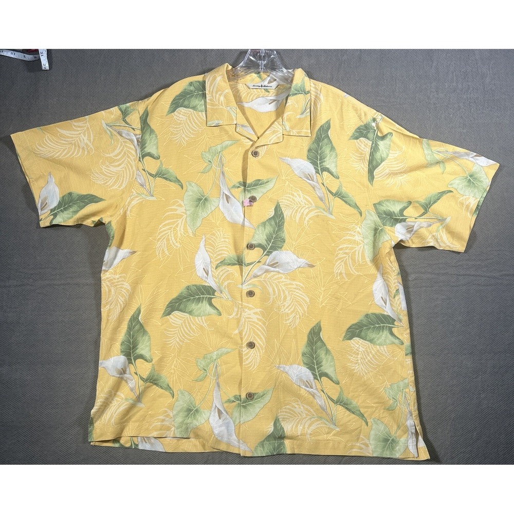 Tommy Bahama Shirt Mens XL 100% Silk Tropical Floral Print Hawaiian Yellow